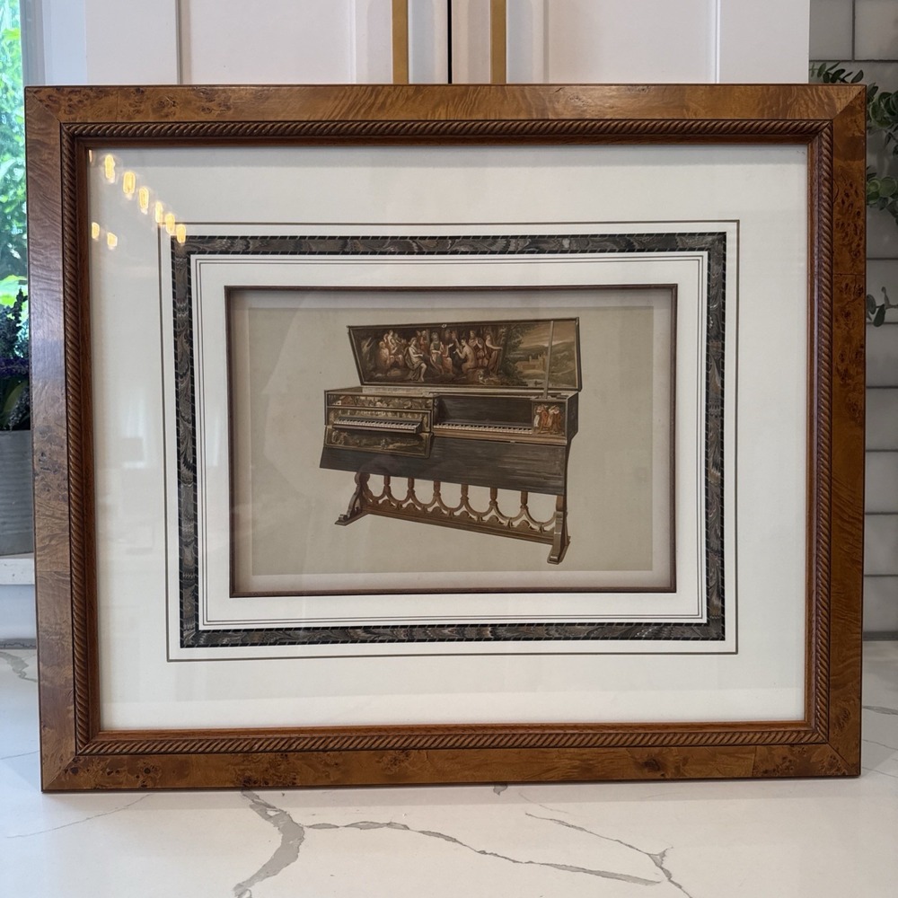 Antique 1888 A J Hipkins Double Spinet Musical Instrument Framed Print Burl Wood